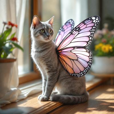 The primary subject of the image is a gray and white cat wearing a butterfly costume. The cat is sitting on a window sill, which serves as the setting for the scene. The visual style of the image is a photo, capturing the cat's unique appearance. The dominant colors in the image are gray, white, and pink, which create a playful and whimsical atmosphere.